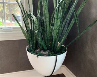 40. Modern White Resin Planter on Metal Base 