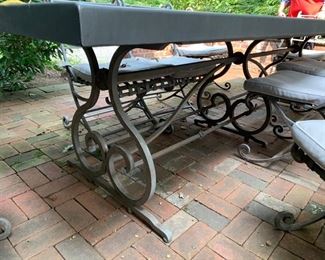 119. Metal Dining Set From Garden Cottage Dining Table w/ Metal Scroll Base 2 Arm Chairs and 6 Side Chairs (9'7" x 4'4" x 31") 