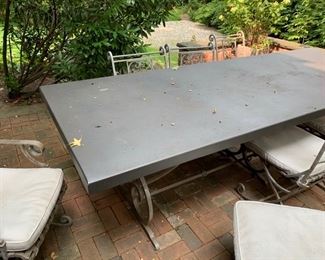 119. Metal Dining Set From Garden Cottage Dining Table w/ Metal Scroll Base 2 Arm Chairs and 6 Side Chairs (9'7" x 4'4" x 31") 