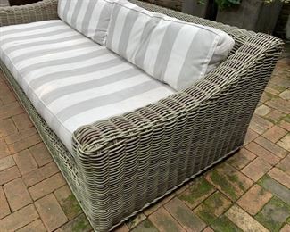 128a. Restoration Hardware All Weather Wicker Sofa  (87" x 40" x 26") & Chair (36" x 42" x 27")