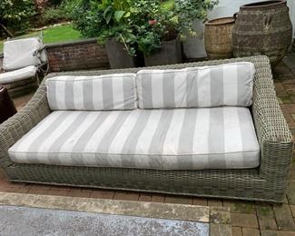 128a. Restoration Hardware All Weather Wicker Sofa  (87" x 40" x 26") & Chair (36" x 42" x 27")