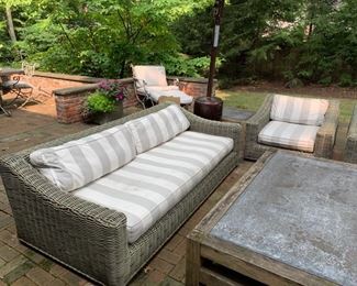 128a. Restoration Hardware All Weather Wicker Sofa  (87" x 40" x 26") & Chair (36" x 42" x 27")