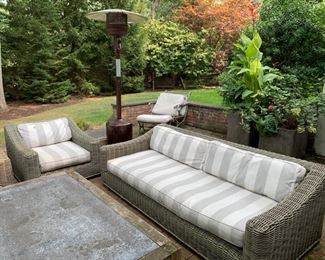 128a. Restoration Hardware All Weather Wicker Sofa  (87" x 40" x 26") & Chair (36" x 42" x 27")
