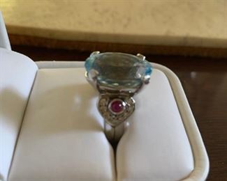 Blue Topaz 18K White Gold, Ruby & Diamond Single Cut
