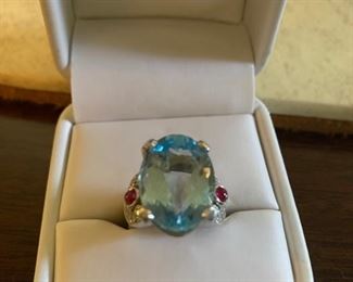 Blue Topaz 18K White Gold, Ruby & Diamond Single Cut