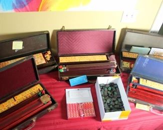 7 (SEVEN) Mah Jong Sets - Some of the Nicest We Have Ever Sold! Rottgames, Cherry 2 Tone, Bakelite, Met Set Red Tail Parrot, Met Set Peacock, Black Tile Set, Modern Miniature Set