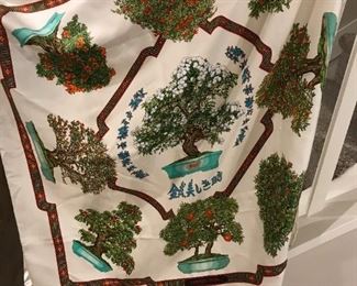 Vintage HERMES Carre Plisse, pleated silk scarf, harness, BONSAI flower and fruits print in white, green, blue, red, and orange. Rare Bonsai