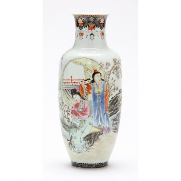 Chinese Republic Period Porcelain Vase c.1912 thinly potted with artist's inscription/signature. Note: Qianlong mark, painted in fencai enamels with narrative scene featuring two women.