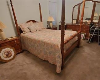 Queen bed incl rails, 2 nightstands, full dresser w mirror, tall chest of drawers