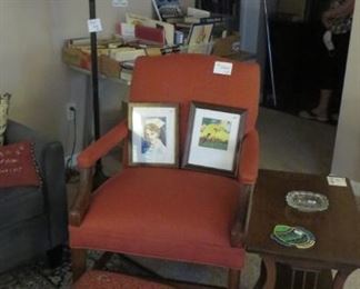 1 of 2 Upholstered Chairs, End Table, Floor Lamp, Elephant Print Footstool, Prints