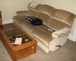 Lay-Z-Boy recliner sofa and glass top coffee table