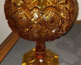 Vintage LE Smith Amber Valtec Pattern Glass Compote Pedestal Bowl