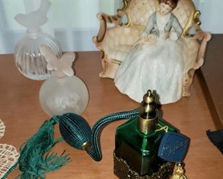 Ardalt- Lenwile Porcelain Victorian Lady Perfume Lamps. and Paul Milan Green Glass Atomizer and other Perfume Bottles