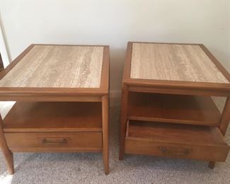 Drexel pair of wood side tables marble top, great condition.  22 wide x27 deep and 21 High