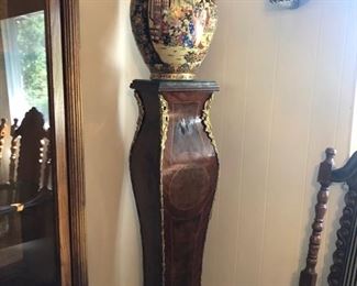 Vintage veneer wood pedestal with gold ormolu detail 