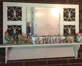 BEAUTIFUL WALL SHELF MIRROR, ROOSTER FIGURE, DAYS OF THE WEEK MUGS, CREAMER/SUGAR