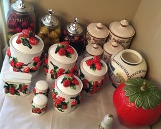 MISC. CANISTERS, COOKIE JAR, S&P, NAPKIN HOLDER   =   STRAWBERRY SET  AND COOKIE JAR HAS BEEN SOLD
