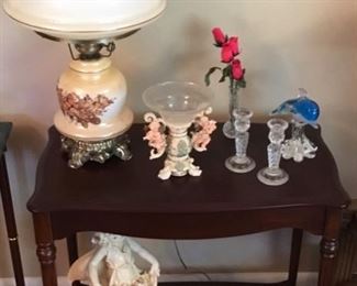 ANTIQUE SIDE TABLE, (VINTAGE LAMP AND GIRL FIGURINE HAVE BEEN SOLD)