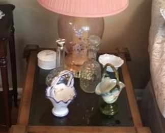 VINTAGE END TABLE, LAMP, BASKET COLLECTION, DECANTERS