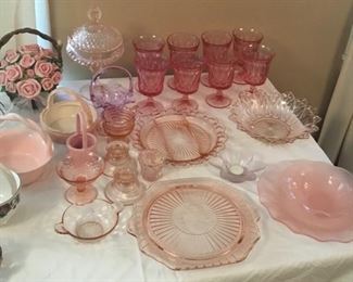 VINTAGE PINK GLASSWARE, BASKET COLLECTION