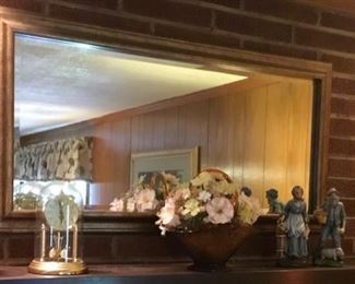 LARGE MANTLE MIRROR, LARGE VOTIVE HOLDERS, ANNIVERSARY CLOCK, AMBER SANDWICH GLASS BASKET W/FLOWERS, OLD COUPLE FIGURINES