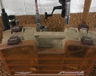 VINTAGE FISHING POLES/REELS, TACKLE BOX