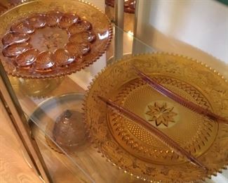 AMBER SANDWICH GLASS EGG DISH AND DIVIDED RELISH DISH