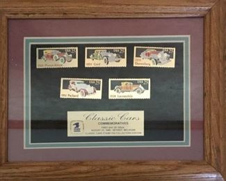 FRAMED CLASSIC CARS POSTAGE STAMPS