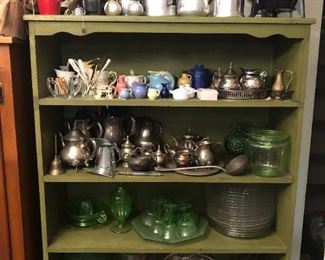 Silver pieces, Depression glass, a variety of coffee makers.