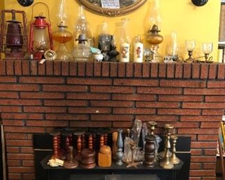 Various sizes of oil lamps and candle sticks. Vintage Raised Puffed Cloth 3D Family of Quails.