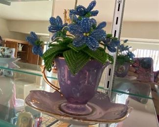 Cup and saucer with beaded flowers BUY IT NOW $10