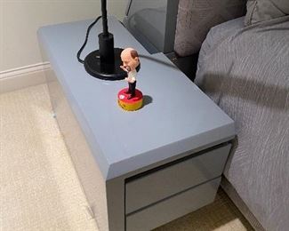 King sized Bed. Includes behind bed in headboard storage and 2 nightstands, steel gray frame with Simmons Beautyrest World Class Florence Pillow TOp mattress. BUY IT NOW $400, must have tools, with our without mattreess.