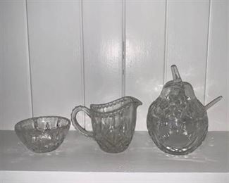 Pear Shaped Glass Serving Jar and Cream and Sugar Dishes Fireplace Left Shelf