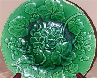 1880 English Green Majolica Geranium Plate
