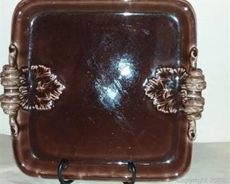 Home Decor Square Brown Plate With Leaves and Stem Handles