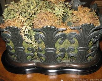 Heavy Wrought Iron Planter Attached to a Wooden Base