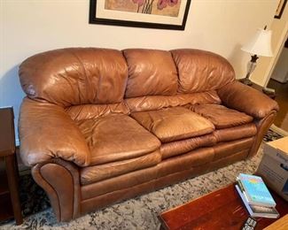 Genuine Leather Couch Set
Still wonderful usable condition. 
Couch measures: 86” long x 3’ deep x 20” tall to seat, 37” tall to back
Loveseat measures: 68” across x 3’ deep x 20” tall to seat, 37” tall to back.
Must be able to move down a flight of stairs and load yourself.