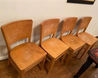 4 Solid Wood Dining Chairs
Solid & sturdy.
Measures 18” deep x 17” across x 18 1/2” tall to seat, 33” tall.
Must be able to move down a flight of stairs and load yourself.