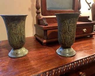 Green metal vases
