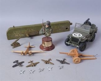 Lot of Military Toys incl. Kelloggs Model, Wood AA Gun
