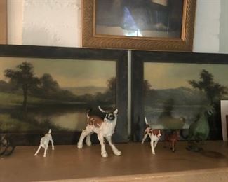 A classic old old photograph of a woman weeping, hung over two Hudson Valley oils