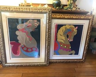Pair of carnival horse lithos.  Large, professionally (of course) framed