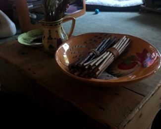 We are trying to show the pine box.  The Limoges hand-painted plate and the yellow vase are also for sale