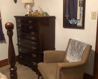 Bassett Dresser, Vintage Chair, Collection of Perfume Bottles including Chanel No. 5