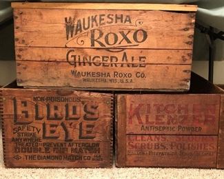 Antique Advertising Waukesha Roxo Ginger Ale Wooden Crate, Bird’s Eye Diamond Match Co. Wooden Box ,  Kitchen Klenzer Crate 