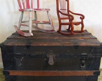 STREAMER TRUNK AND MINIATURE DOLL CHAIRS