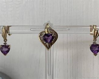 10k Amethyst Diamond Pendant and Earrings