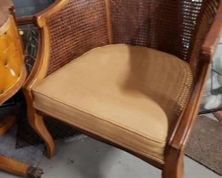 (2) Vintage cane back & side solid wood Padded fabric seat arm chairs WAS $495 Now $395 Pair