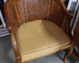 (2) Vintage cane back & side solid wood Padded fabric seat arm chairs WAS $495 Now $395 Pair