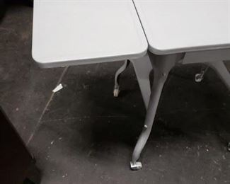 Small MCM Light Gray Painted Typing table stand on wheels Measures Approx: Opened 35.5"W x 14.5"D x 25.5"H Closed 18.25"W x 14.5"D x 25.5"H WAS $85 NOW $70